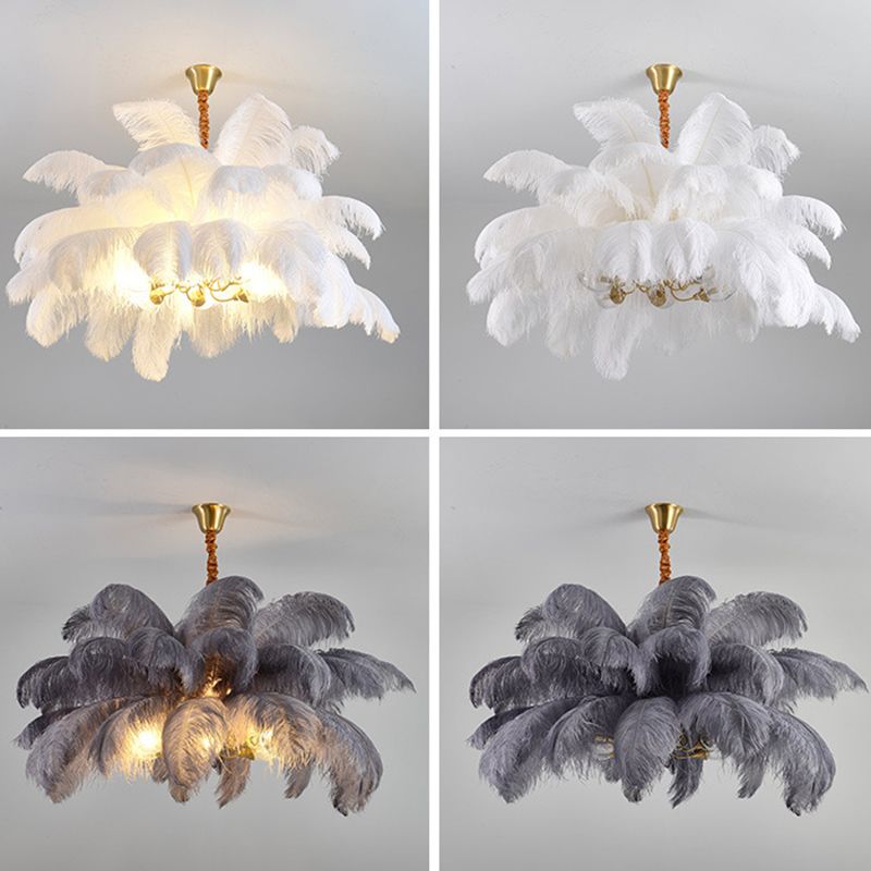 Ostrich Feather Ceiling Chandelier Modern Nordic Creative 6 Light Hanging Ceiling Light for Bedroom