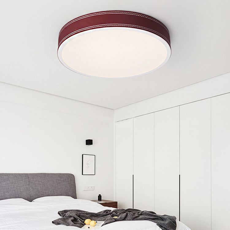 Dark Red Drum Ceiling Light Fixture Minimalism Metal Flush Ceiling Light in Warm/White Light, 12"/16"/19.5" Wide