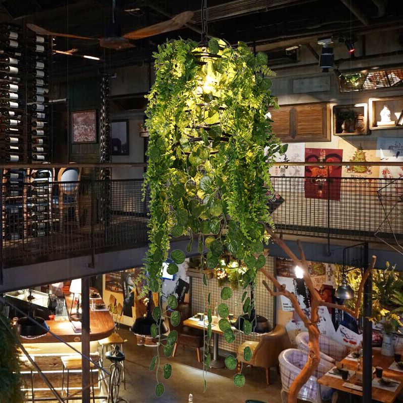 Black Cage Pendant Lighting Fixture Industrial Metal 1 Head Restaurant LED Hanging Ceiling Light with Plant