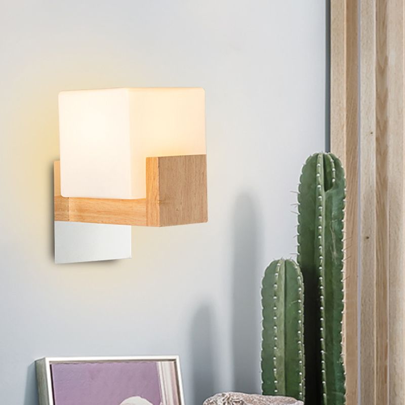 Modern Style Square Shade Wall Light Wood 1 Light Sconces for Bedroom