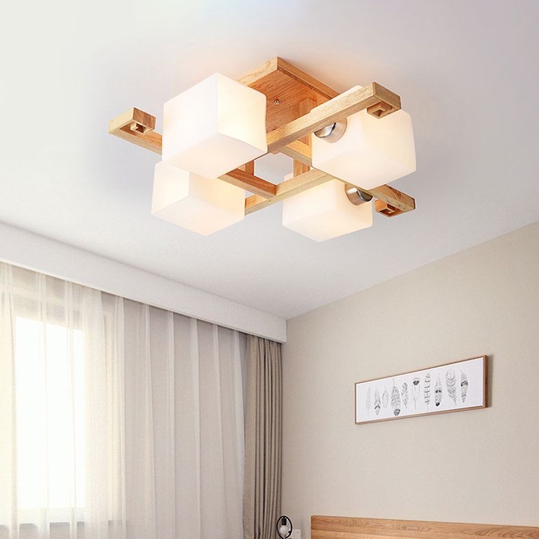 Modern Creative Indoor Semi Flush Mount Wooden Sputnik Ceiling Light with White Glass Shade