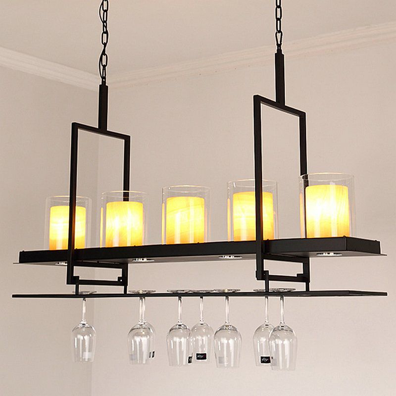 3/5 Heads Cylinder Island Light Traditional Black Marble Pendant Lighting Fixture with Metal Wine Glass Rack