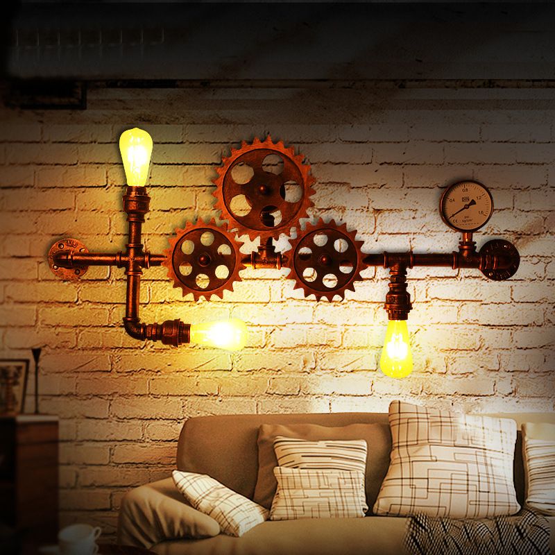 Industrial Open Bulb Wall Mounted Pipe Light 3 Lights Metal Sconce in Weathered Copper with Gear Design