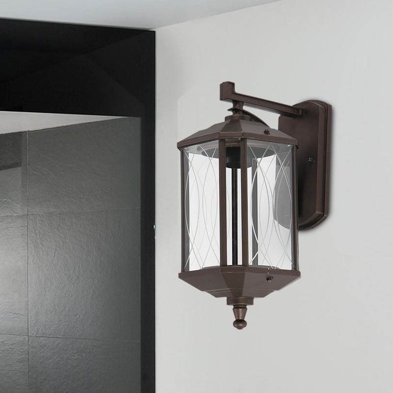 1-Head Cuboid Wall Mount Lighting Lodges Dark Coffee Clear Textured Glass Wall Sconce Lamp