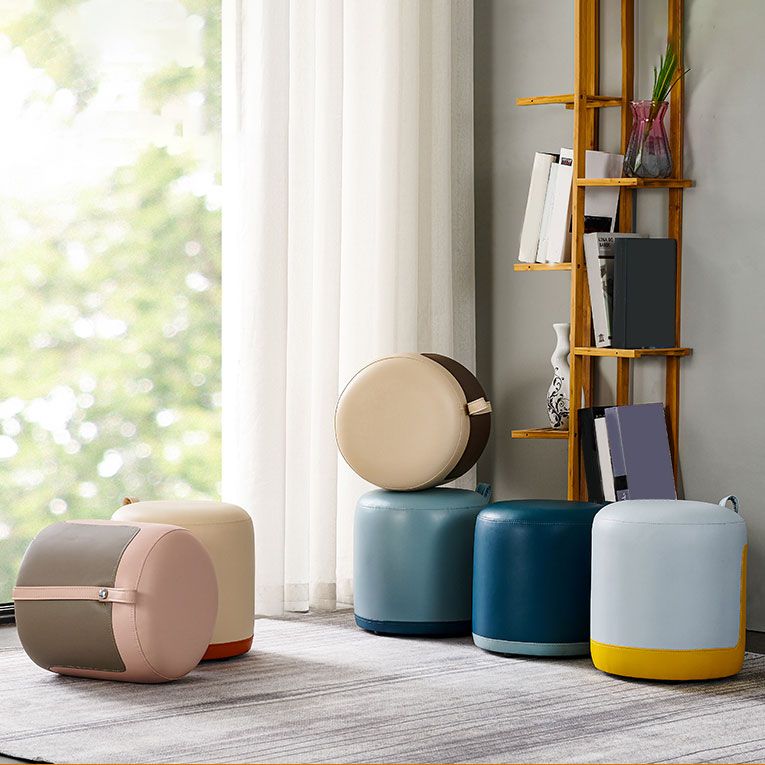 Faux Leather Pouf Round Patchwork Water Resistant Contemporary Pouf Ottoman