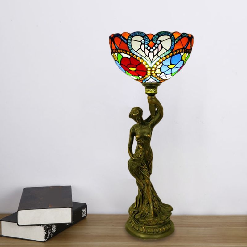 Bowl Table Lighting 1 Head Stained Glass Baroque Petal/Dragonfly Patterned Night Lamp in Brass with Resin Naked Woman Base