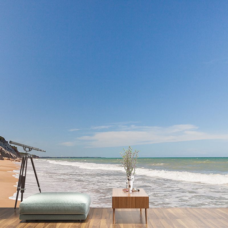 Blue Beach Landscape Wall Mural Mildew Resistant Wallpaper for Dining Room