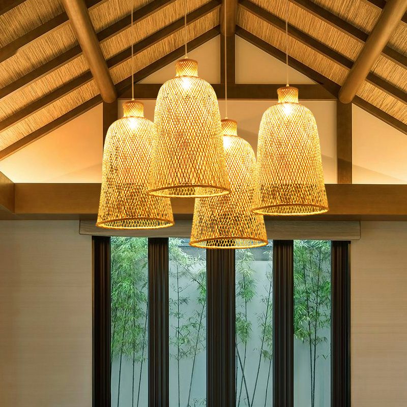 Chinese Style Handmade Ceiling Light Bamboo Single Restaurant Hanging Pendant Light in Wood