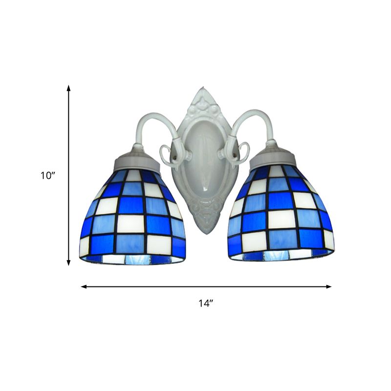 Mosaic Dome Wall Lighting Blue Glass 2 Lights Bathroom Wall Mounted Lamp in White Finish