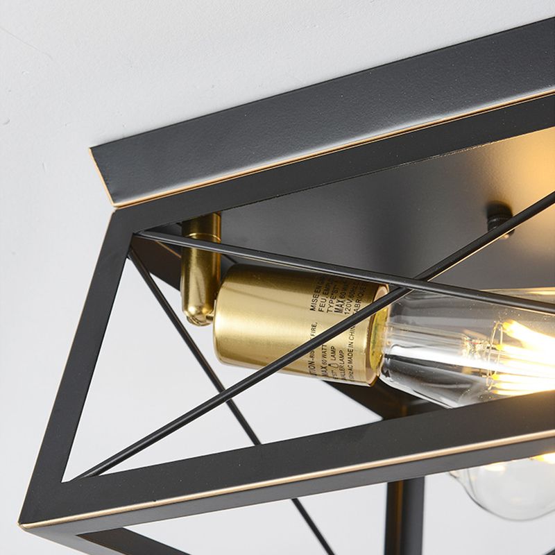 2-Lights Industrial Style Ceiling Light Rectangle Iron Cage Design Retro Flush Mount Lamp in Black