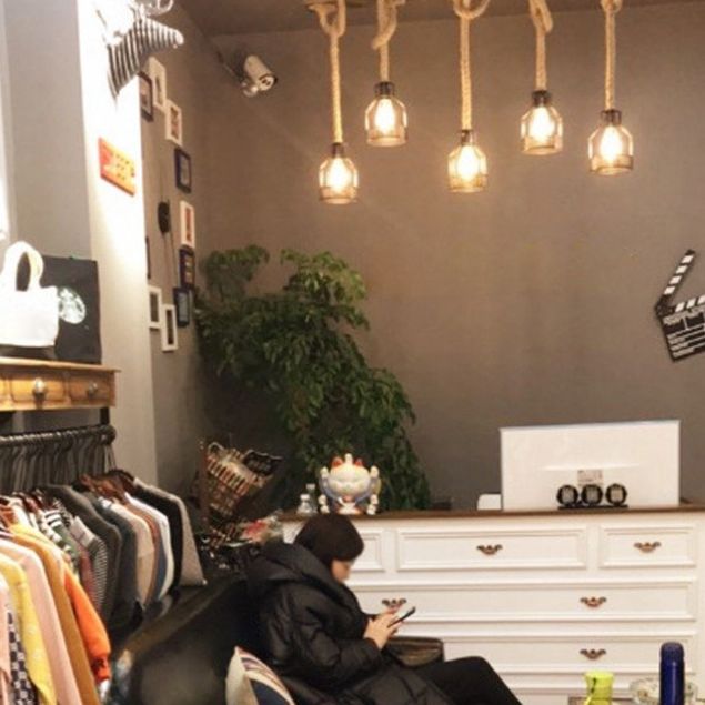 5-Head Rope Pendant Lamp Industrial Beige Linear Restaurant Island Light with Cage