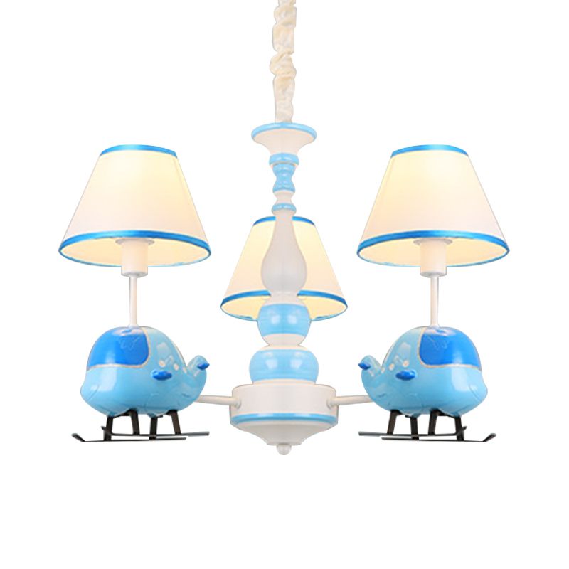 Cartoon Aircraft Chandelier Light Fixture Resin 3/5 Lights Child Room Ceiling Lamp with Cone White Fabric Shade in Blue