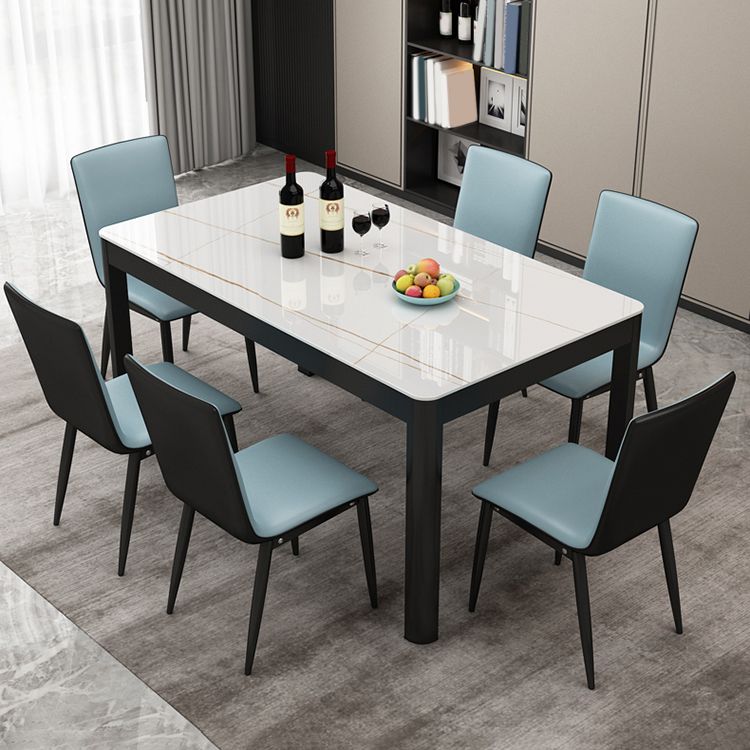 Rectangular Dining Table Modern Glass Tabletop with Black Steel Legs