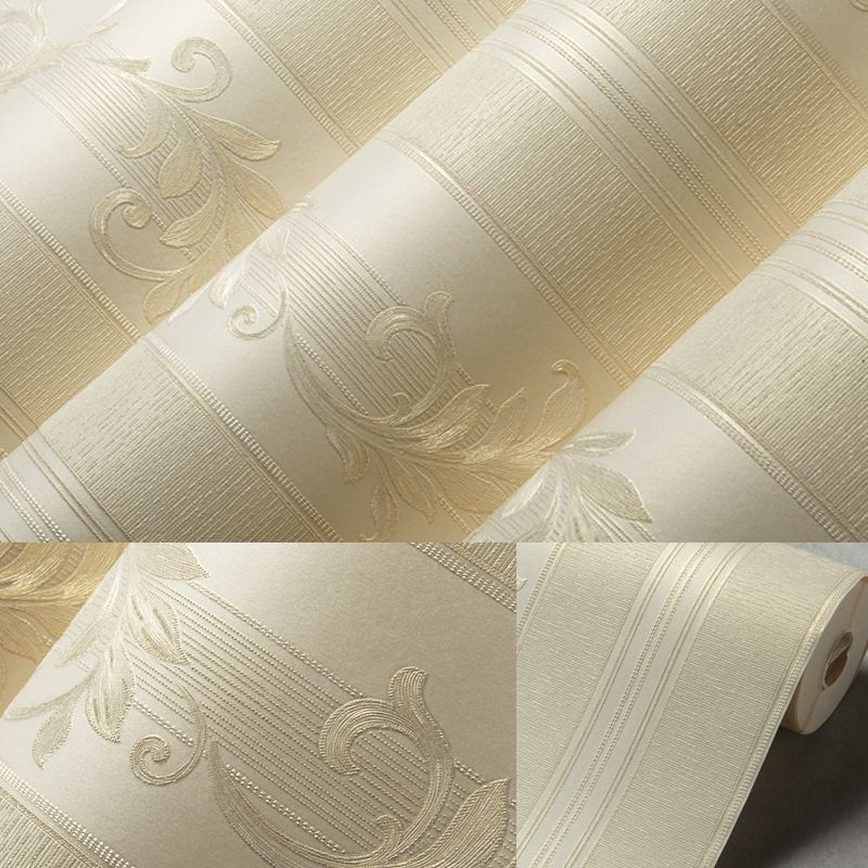 Retro Embroidered Leaf Wallpaper Roll Light-Color Stripe Wall Art for Living Room