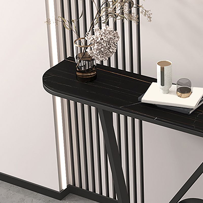 Iron Pedestal Base Accent Table with Half Moon Stone Top for Hall