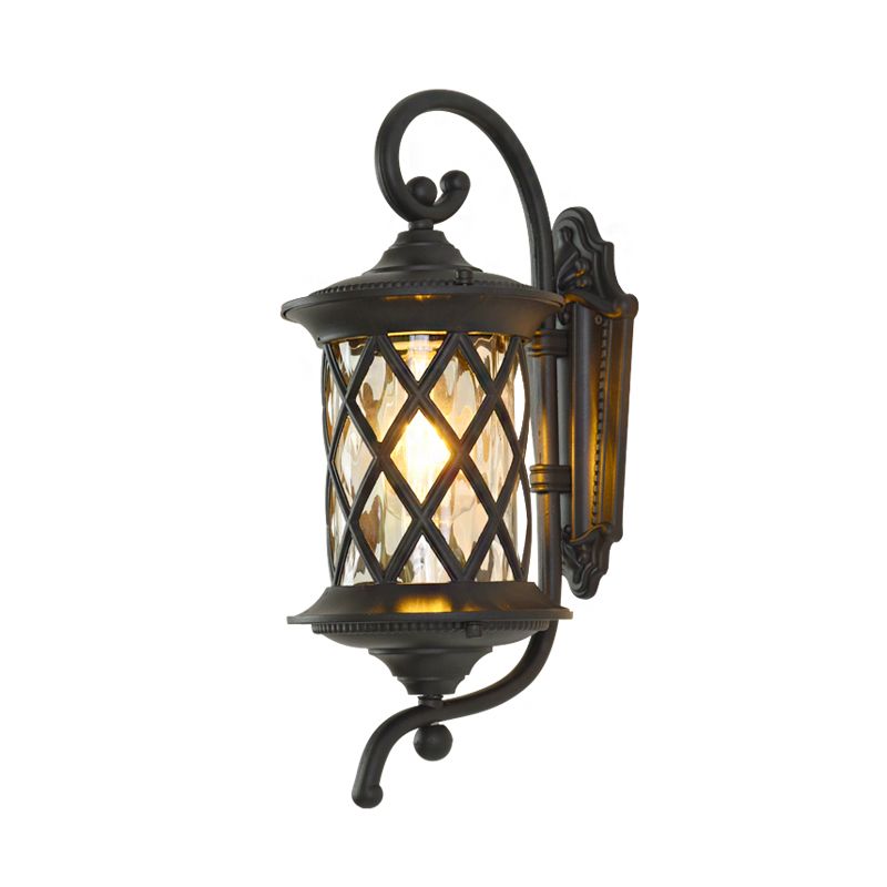 Curling Arm Outdoor Wall Light Rural 1 Head Clear Ripple Glass Black Wall Sconce Lighting