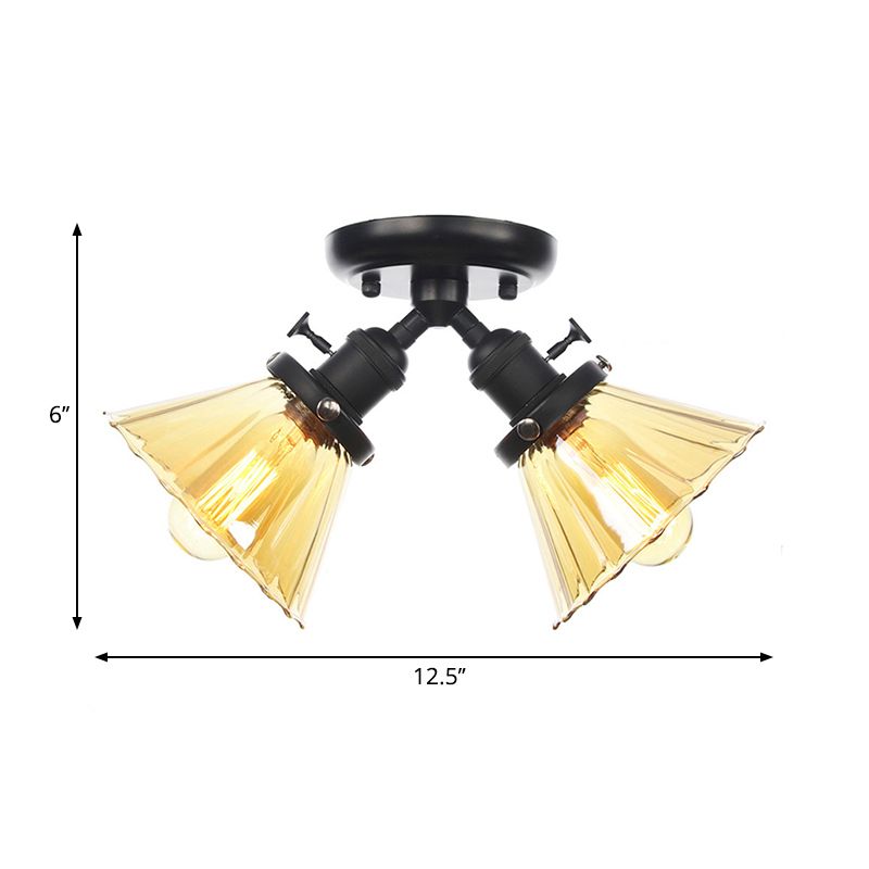 Cone Shade Bedroom Semi Mount Lighting Amber/Clear Glass 2 Heads Industrial Stylish Ceiling Flush Mount in Black/Bronze