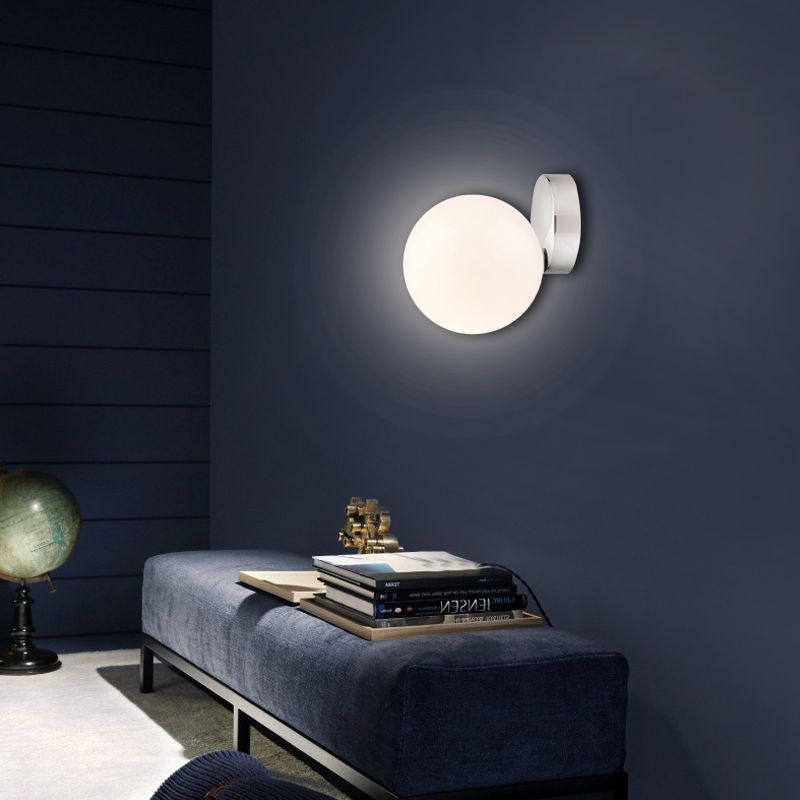 Round Ball Wall Light Sconce Modern Style Milk Glass 6"/8" W 1 Bulb Silver Finish Wall Mounted Lamp for Living Room