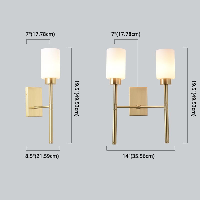 Contemporary Sconce Lights Brass Arm Wall Light for Hotel Bedroom in White Glass Shade