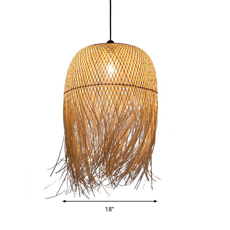 Wood Fringe Hanging Lamp Retro 1 Head Bamboo Ceiling Pendant Light for Restaurant