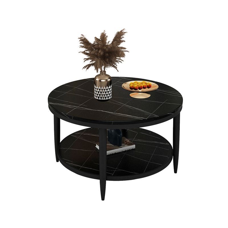 Glam Style Round Slate Table Plate Metal 4 Leg Base with Storage Rack Coffee Table