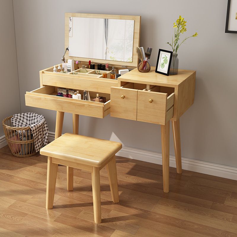 Scandinavian Bedroom Dressing Table Rubberwood Flip-Top Make-up Vanity