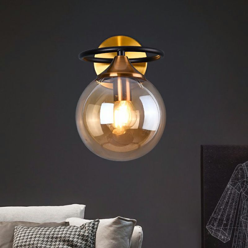 Postmodern Style Ball Wall Light Fixture Glass 1-Light Bedroom Wall Sconce Light in Brass