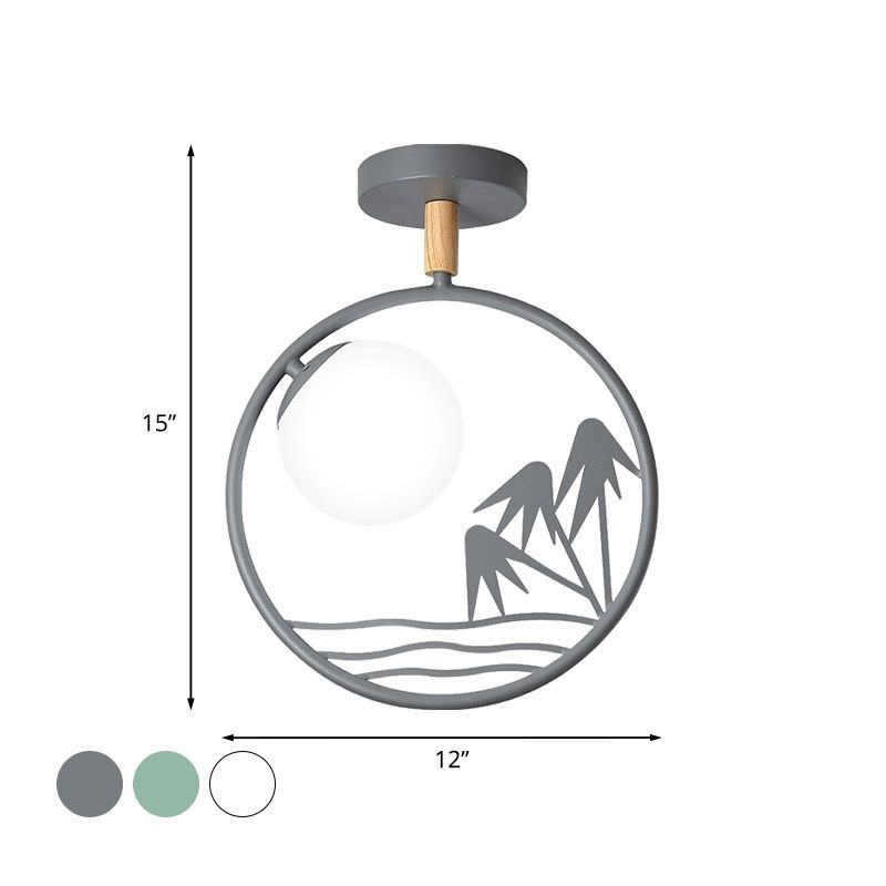 Iron Loop Semi Mount Lighting Macaron 1 Light White/Grey/Green Finish Ceiling Flush with Ball Opal Glass Shade