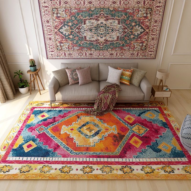 Colorful Moroccan Style Rug Polyester Geometric Patterned Carpet Anti-Slip Backing Machine Washable Stain Resistant Rug for Indoor