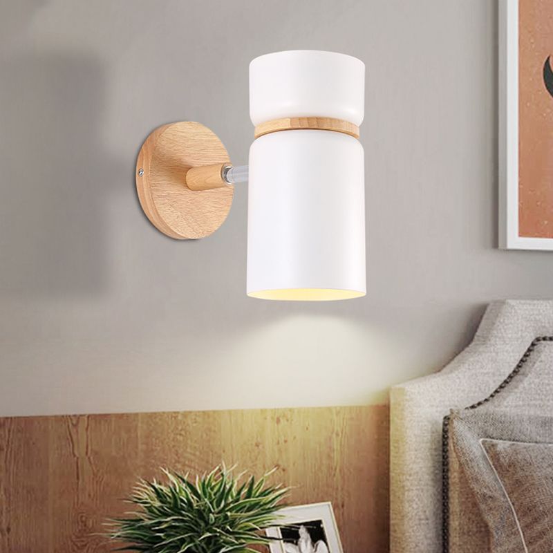 1 Bulb Cylinder Sconce Light Modern Metal Wall Mounted Lighting in Grey/White with Round Wood Backplate