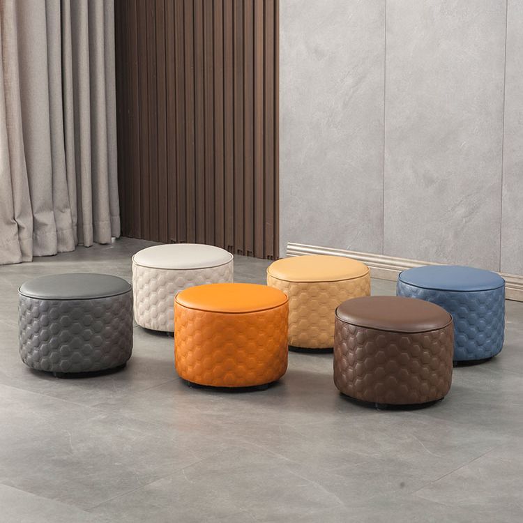 Water Resistant Pouf Ottoman Genuine Leather Round Solid Modern Ottoman