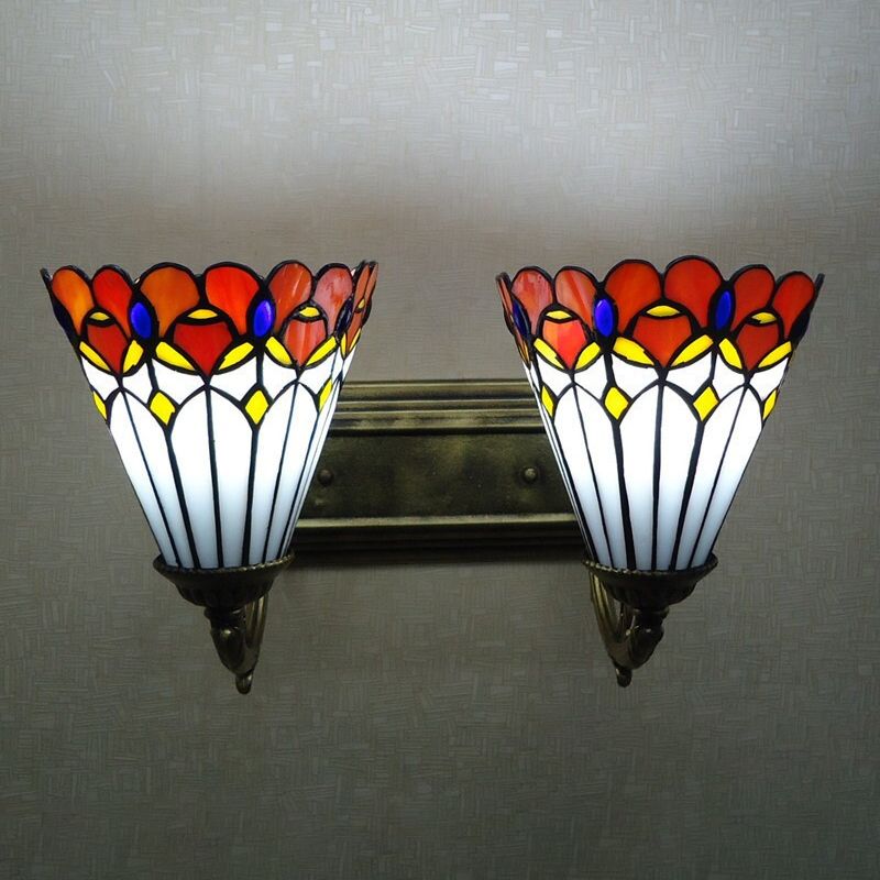 Conical Wall Sconce Light Stained Glass Tiffany Wall Lighting with Curving Arm in Red