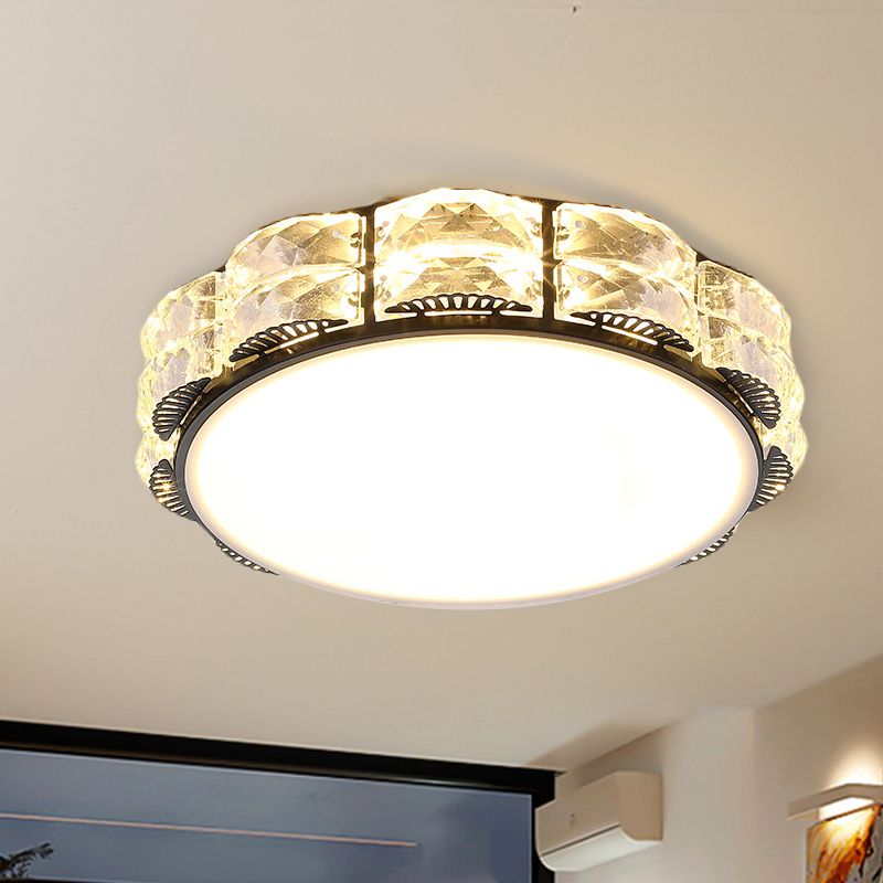 Integrated LED Flush Light Fixture Simple Scalloped Round/Square Crystal Ceiling Lamp in Black/White