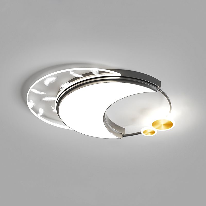 Moon Shape Feather LED Ceiling Lamp Modern Iron 3 Lights Flush Mount for Study Bedroom