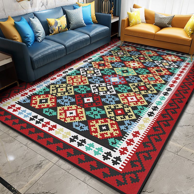 Multi Color Geometric Rug Synthetics Moroccan Carpet Stain Resistant Machine Washable Anti-Slip Rug for Living Room