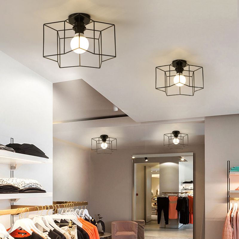 Industrial Creative Ceiling Fixture Wrought Iron Geometric Flush Mount for Corridor