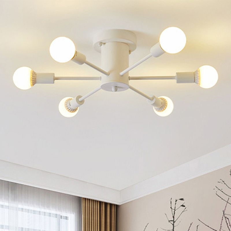 6/8 Heads Ceiling Light Fixture with Exposed Bulb Metal Retro Style Bedroom Semi Flush Mount Lighting in Black/White