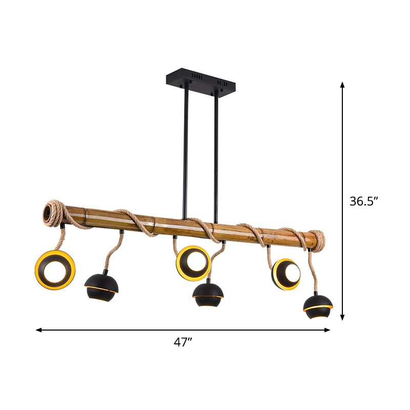 Industrial Linear Island Chandelier 2/3/6 Bulbs Iron Pendant Lamp in Black with Bamboo Tube and Rope, Warm/White Light
