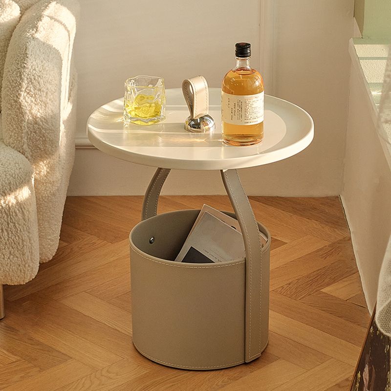 Contemporary Round Side End Table Leather Pedestal End Table