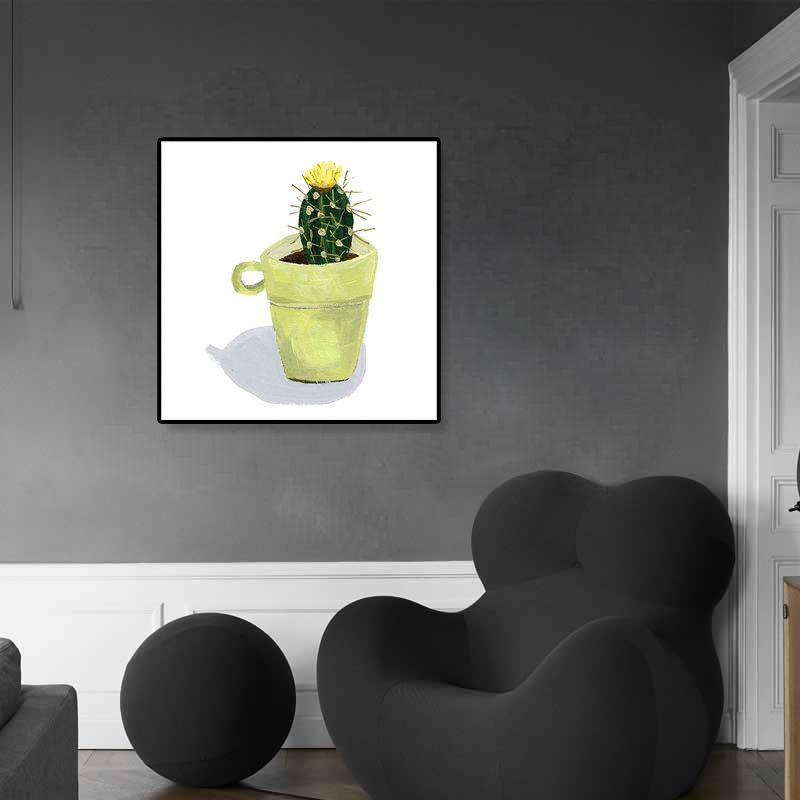 Nordic Illustration Bonsai Cactus Canvas Yellow Textured Wall Art Print for Child Room