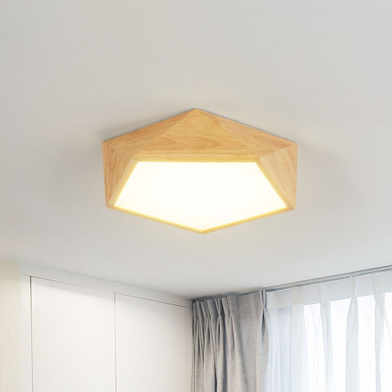 Deckenbeleuchtung mit Holz-Fünfeckrahmen, moderne 16,5"/20,5"/24,5" breite LED-Einbauleuchte in Beige, warmweißes Licht