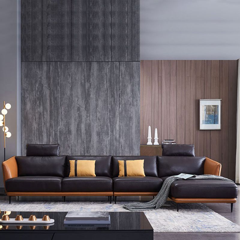 Mid Century Genuine Leather Sectionals Loose Back Sectional & Chaise in Brown