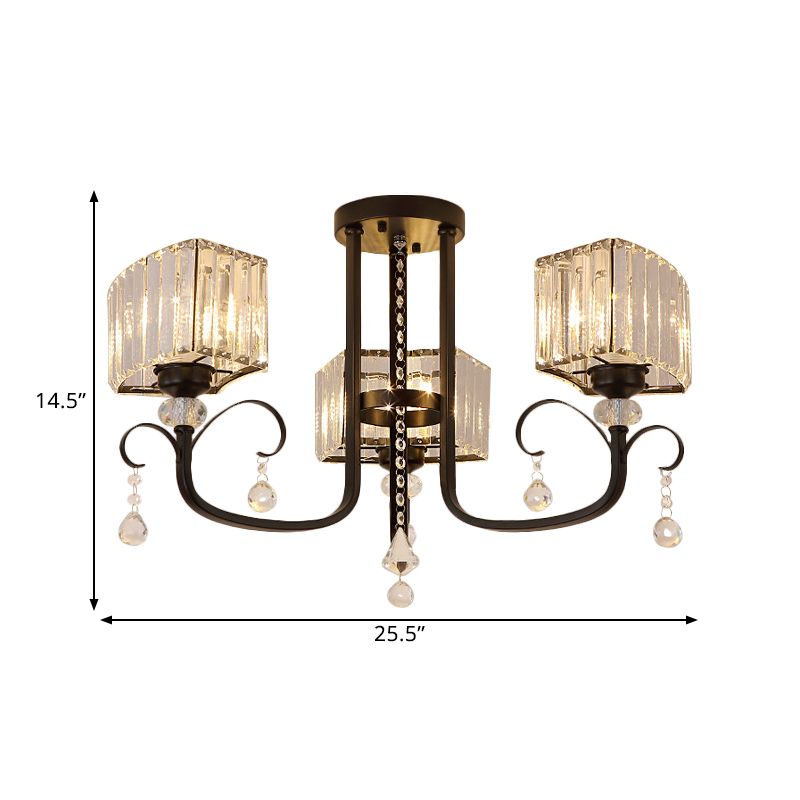 3/7 Heads Swirling Arm Semi Flush Modern Black Metal Close to Ceiling Lamp with Crystal Cuboid Shade