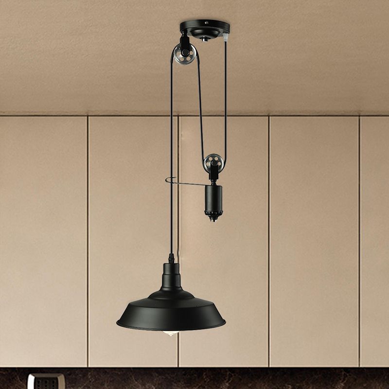 Farmhouse Pulley Pendant Light with Barn Shade 1 Bulb Metallic Hanging Lamp in Black for Kitchen