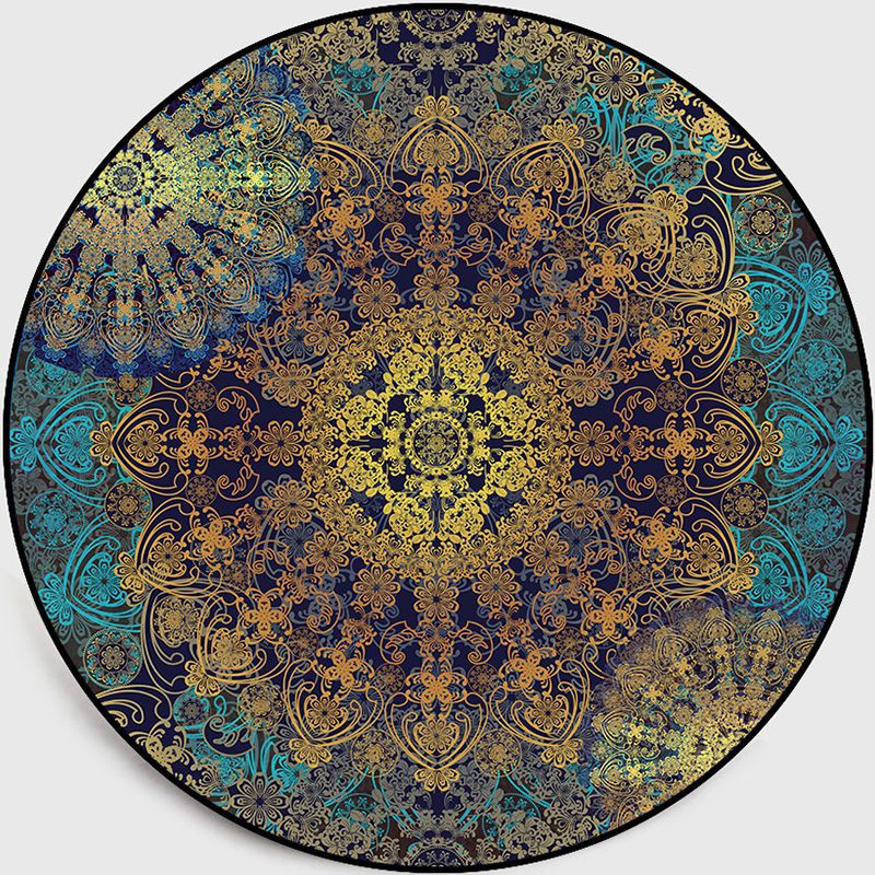 Antiqued Floral Patterned Rug Distressed Blue-Yellow Moroccan Rug Polyester Washable Non-Slip Backing Stain Resistant Rug for Home