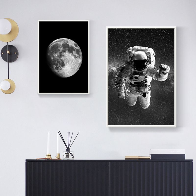 Black Spaceman and Moon Art Print Astronomy Kids Textured Wall Decor for Bedroom
