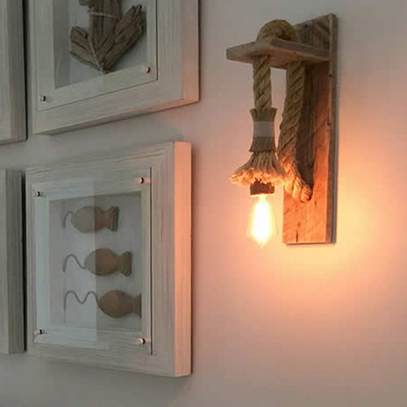 Single-Bulb Wall Lamp Rustic Open Bulb Roped Sconce Light Fixture with Bracket in Wood