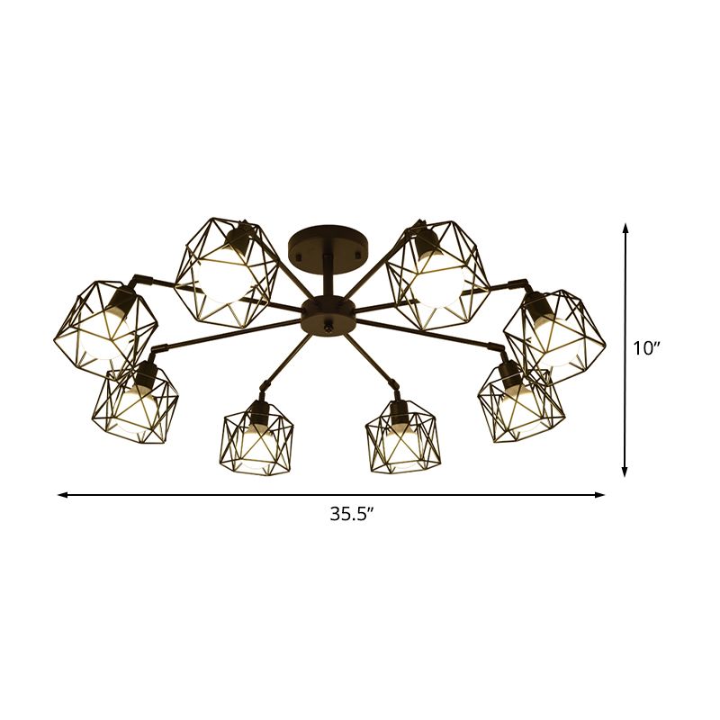 Plafonnier semi-encastré à 6/8/10 têtes avec abat-jour à cage hexagonale en métal de style vintage pour salon près du plafonnier en noir