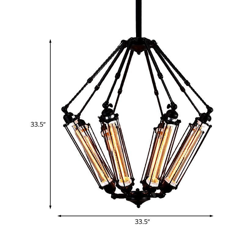 Tube Cage Metal Pendant Ceiling Lamp Industrial Style 4 Lights Indoor Chandelier Light Fixture in Black