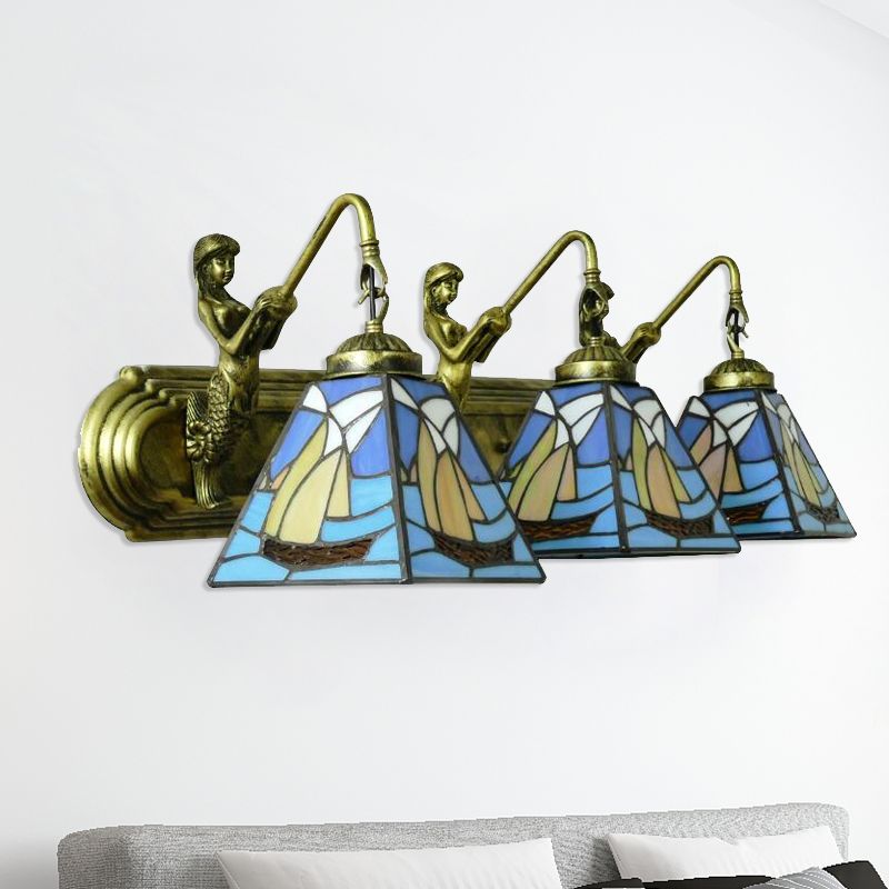 3 Heads Sailboat Sconce Light Fixture Mediterranean Blue Glass Wall Mounted Light